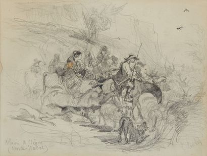 Emile LOUBON (1809-1863) 
La conduite du troupeau Dessin au crayon sur papier
Signé...