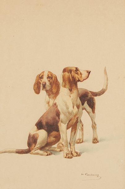 CHARLES-FERNAND DE CONDAMY (1847-1913) Aquarelle figurant des chiens de chasse.
Dim.:...