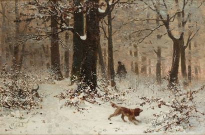Ecole probablement russe H SIBER "Chasseur et son chien sous la neige"
Huile sur...