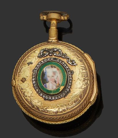 BERTHOUD à Paris 
Rare gusset watch in enamelled golden brass. Round case, the back...