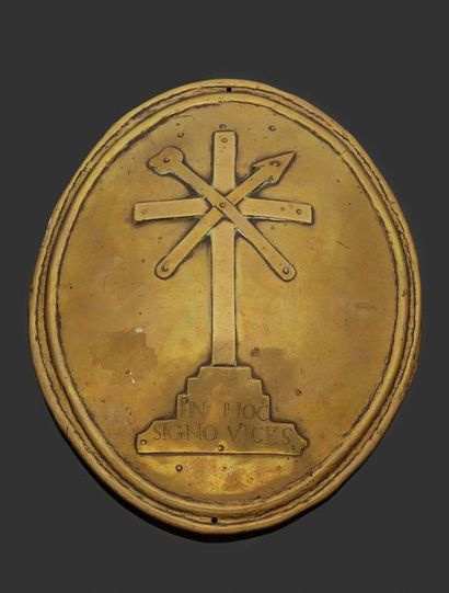 null Oval curved brass plate decorated with an applied crucifix. "In Hoc Signo Vices".
Size:...