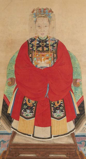 CHINE - XIXe siècle Encre sur papier, portrait d'ancêtre, femme de dignitaire du...