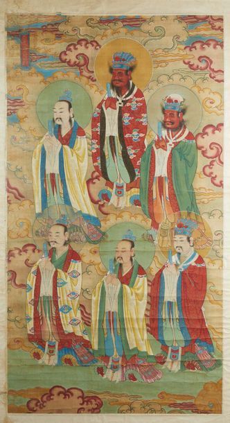CHINE - Fin époque MING (1368-1644) Encre polychrome sur soie, six dignitaires taoïstes...