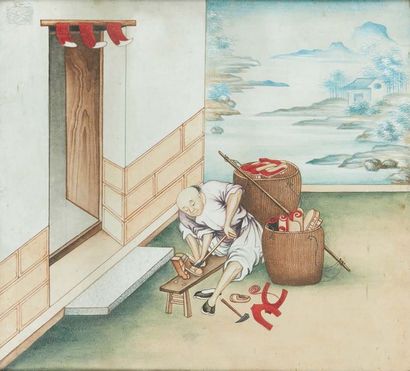 CHINE, Canton - XIXe siècle Deux gouaches sur papier représentant des petits métiers:...