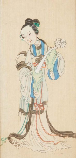 CHINE - Fin XIXe siècle Five small inks and colours on silk, representing young women...