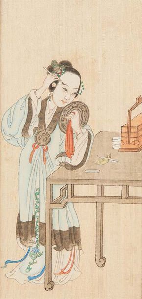 CHINE - Fin XIXe siècle Cinq petites encres et couleurs sur soie, représentant des...