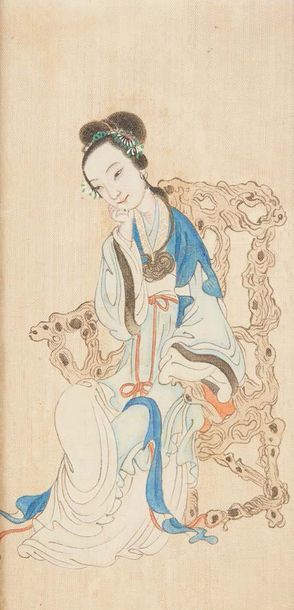 CHINE - Fin XIXe siècle Five small inks and colours on silk, representing young women...