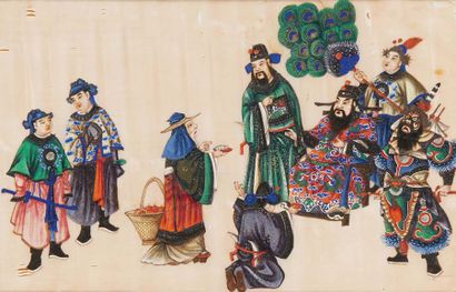 CHINE, Canton - XIXe siècle Deux peintures polychromes sur papier de riz, mandarin...