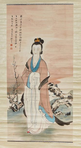 CHINE Ink on paper, young woman standing near a tree trunk. Dated from the Shenwu...
