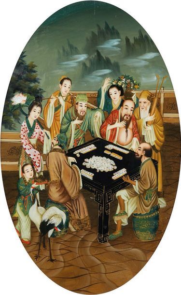 CHINE, Canton - Début XXe siècle Fixed under oval glass, immortal, playing a game...