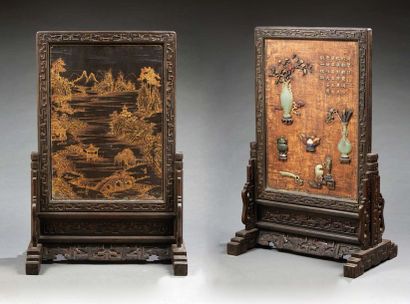 CHINE Large lacquer screen, on one side in brown lacquer with bone inlaid decoration,...