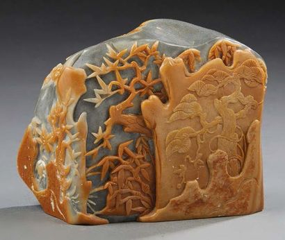 CHINE - XXe siècle Grey and beige soapstone rock with relief carved decoration in...