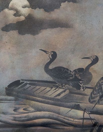 JAPON - Époque EDO (1603-1868) Silver lacquer kobako with togidashi sumi-e cormorant...