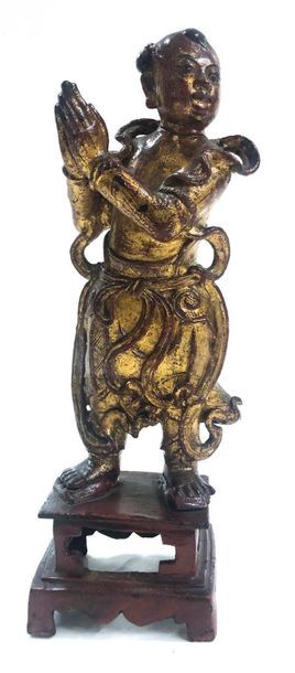 CHINE - Epoque MING (1368-1644) Statuette de Shancai en bronze laqué et partiellement...
