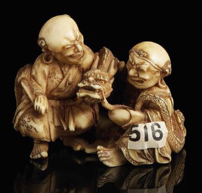 JAPON - XIXE SIÈCLE Ivory Netsuke, Chinnan Sennin pulling a dragon out of his bowl,...