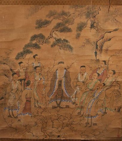 CHINE - XIXe siècle Encre sur papiers, onze dignitaires debout écoutant celui du...