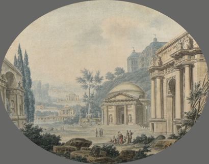 École FRANÇAISE de la fin du XVIIIe siècle 
Fantaisie architecturale animée
Aquarelle,...