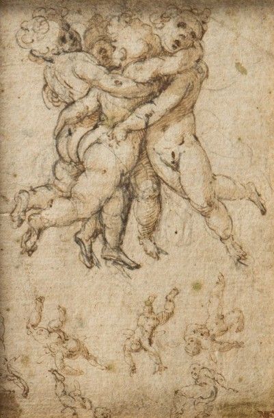 Attribué à Carlo URBINO (Crema 1525 - 1585) 
Quatre putti enlacés, croquis
Plume...