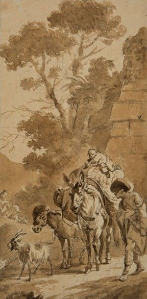 Francesco CASANOVA (Londres 1727 - Vorderbrühl 1803) 
Bergers et mulets dans un paysage...