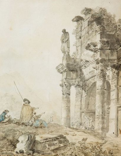 Hubert ROBERT (Paris 1733 - 1808) 
Ruines animées
Plume et encre noire, crayon noir,...