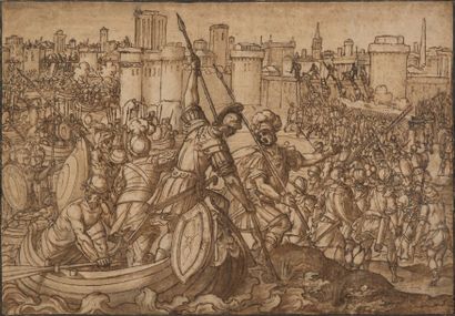 Antonio TEMPESTA (Florence 1555 - Rome 1630) 
Soldats débarquant d'un navire, siège...