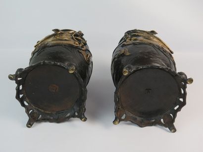null JAPON, époque Meiji.

Paire de vases en bronze à patine brune et or à décor...