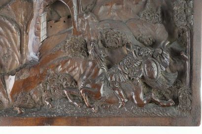 null Panneau en bois très finement sculpté figurant un chevalier, à cheval dans un...