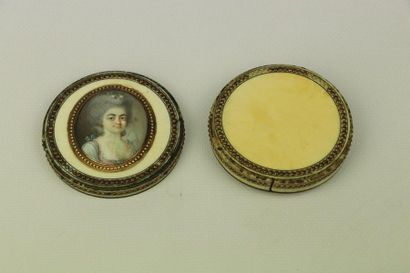 null Ivory box decorated with brass nails and a miniature on ivory with a portrait...