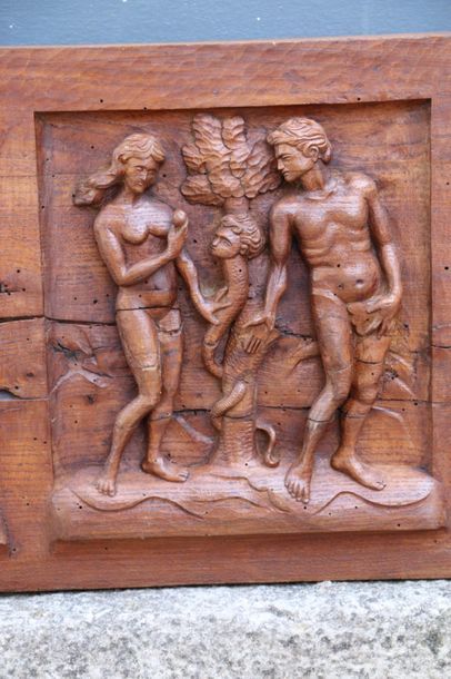 null Important panneau en bois sculpté fiugrant en quatre tableaux la création du...