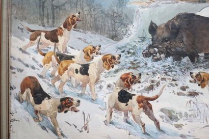 null Hippolyte Jean Adam GIDE (1852-1921).

Sanglier et meute de chiens.

Aquarelle...