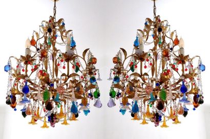 null MURANO, Venice.

Pair of six-light "tutti frutti" chandeliers, richly ornamented...