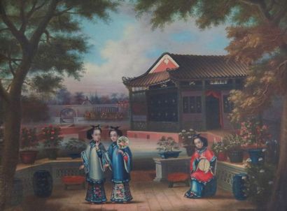 null CHINA, Canton school.

Confidences on a terrace, near a pagoda.

Oil on canvas.

H_45...