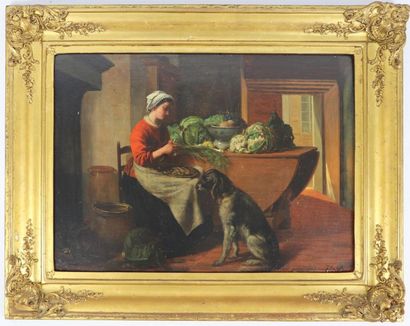 null Ecole française du XIXème siècle.

La cuisinière préparant les légumes, et le...