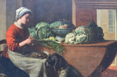null Ecole française du XIXème siècle.

La cuisinière préparant les légumes, et le...