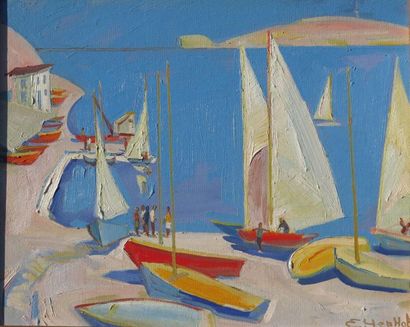 null Yevgeny CHERNOV (born in 1948).

Yacht club.

Oil on canvas panel, signed lower...