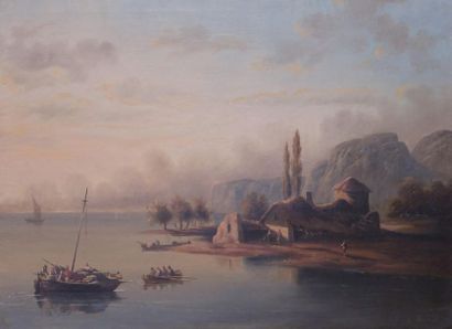 null Ecole italo-suisse du XIXème siècle.

Paysages lacustres animés.

Paire d'huile...