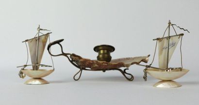 Two miniature boats in mother-of-pearl and...