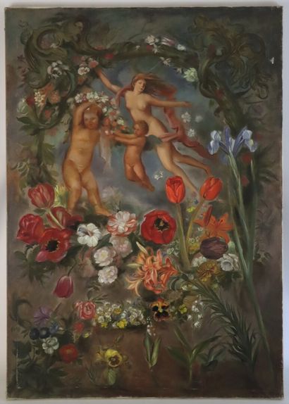 null Ecole du XXème siècle.

Venus et amours, dans un entourage de fleurs.

Huile...
