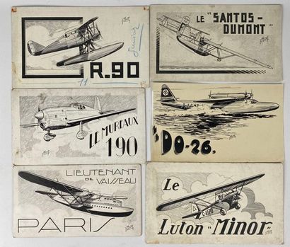 null Fernand MONTI (1902-1978).

Réunion de douze dessins, figurant des avions et...