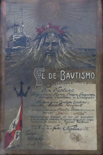 null Certificat de baptême équatorial, à bord du bateau à vapeur Bahia Castillo,...