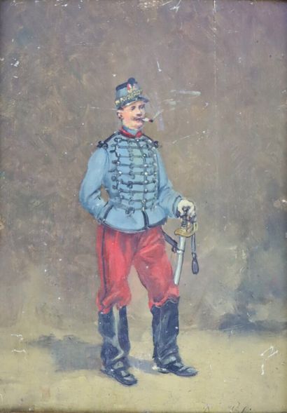 null Albert BLIGNY (1849-1908).

Portrait d'un soldat.

Huile sur panneau, signée...