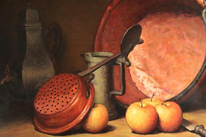 null Angeli GUERINO (1926).

Nature morte aux pommes et aux cuivres.

Huile sur toile,...