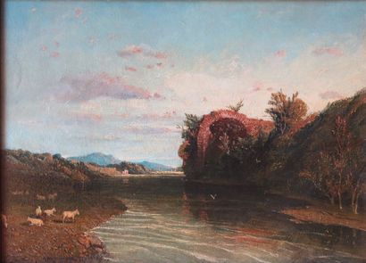 null William LINTON (1791-1876).

A roman river scene, bord de rivière en Italie.

Huile...