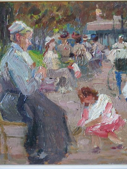 null Elie Anatole PAVIL (1873-1944).

Paris, scène de jardin public.

Huile sur panneau,...