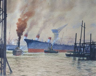 null E.R. SCHÜRMANN (1898-?).

Le port d'Hambourg.

Aquarelle sur papier, signée...