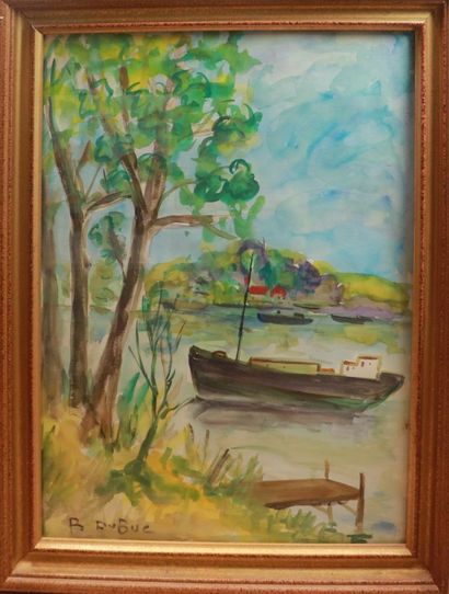 null Roland DUBUC (1924-1998).

Bateau, rives de Seine.

Aquarelle, signée en bas...