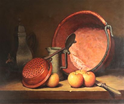 null Angeli GUERINO (1926).

Nature morte aux pommes et aux cuivres.

Huile sur toile,...