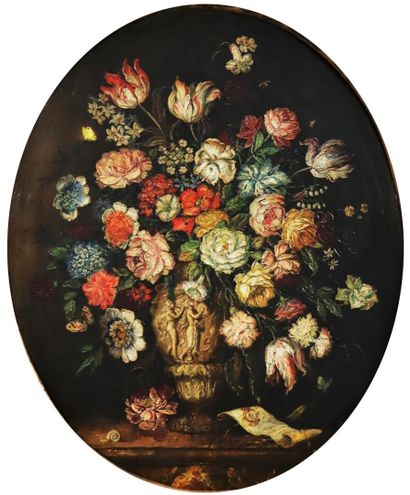 null Dans le goût de l'école flamande du XVIIème siècle.

Bouquet de fleurs. 

Huile...