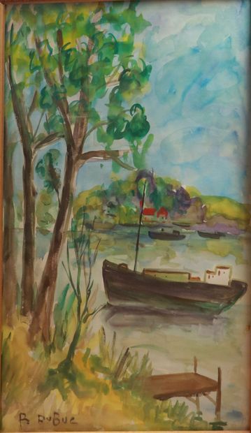 null Roland DUBUC (1924-1998).

Bateau, rives de Seine.

Aquarelle, signée en bas...