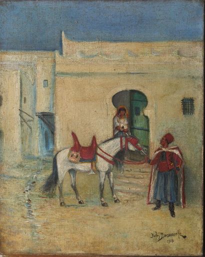 null Ecole orientaliste vers 1900, Jules DECOURCELLE.

Couple et cheval, militaire...